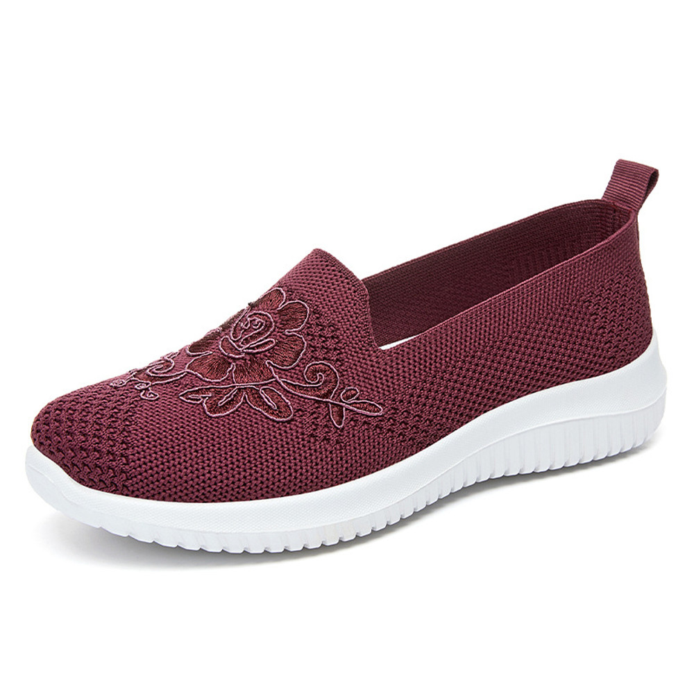 Womens Summer Soft Embroidery Flat Shoes, Knitted Breathable Shoes, Chinese Flower Style Casual Flats, New Fashion