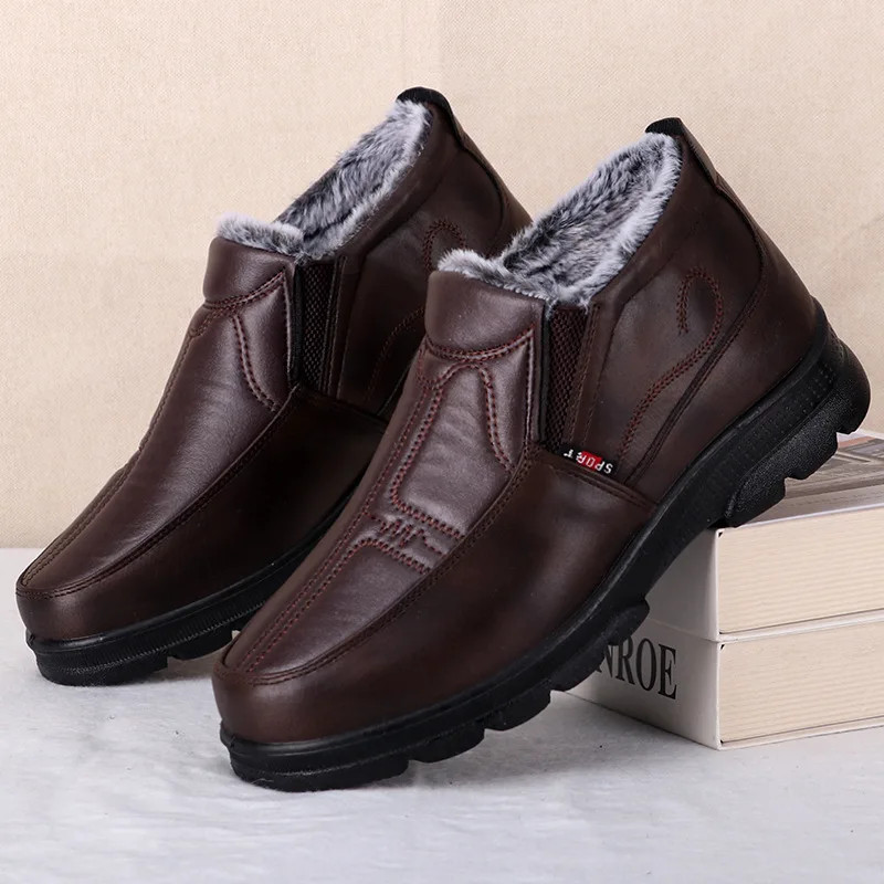 Mens Winter Fashion Shoes Nonslip Cotton Shoes Thickened Leather Waterproof Casual Snow Boots For M 2
