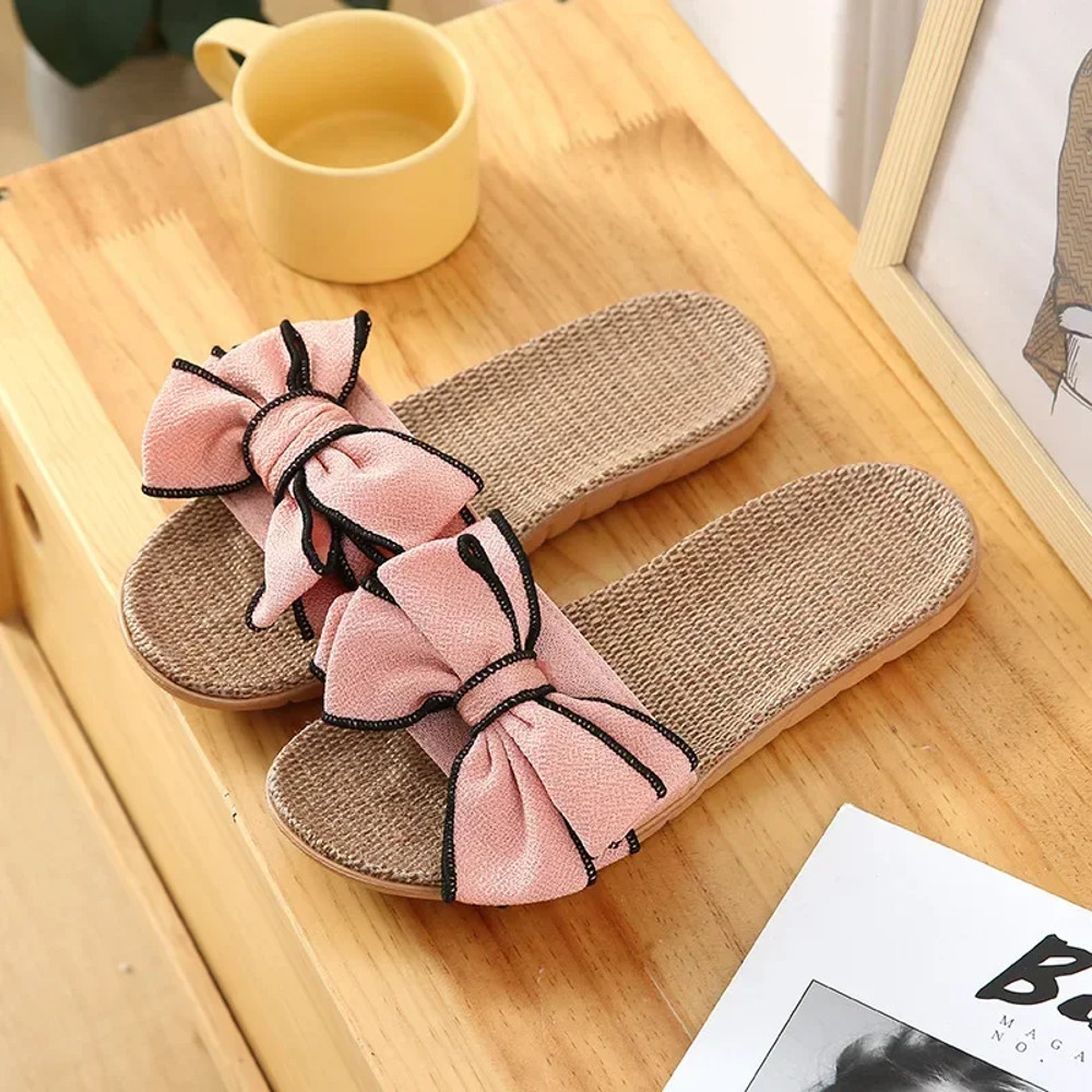 Ladies Indoor Shoes, Women Summer Casual Slides, Striped Bow Linen Flip Flops, Comfortable Flax Slippers