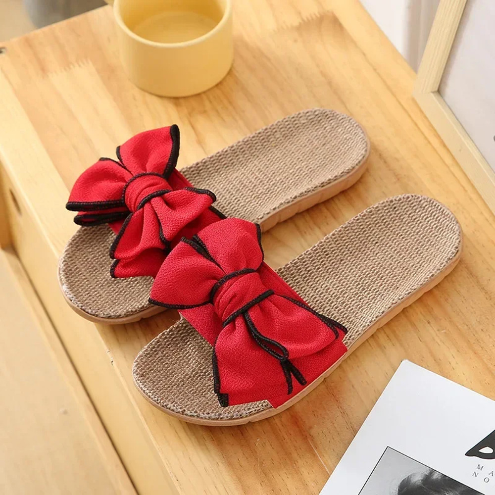 Ladies Indoor Shoes, Women Summer Casual Slides, Striped Bow Linen Flip Flops, Comfortable Flax Slippers