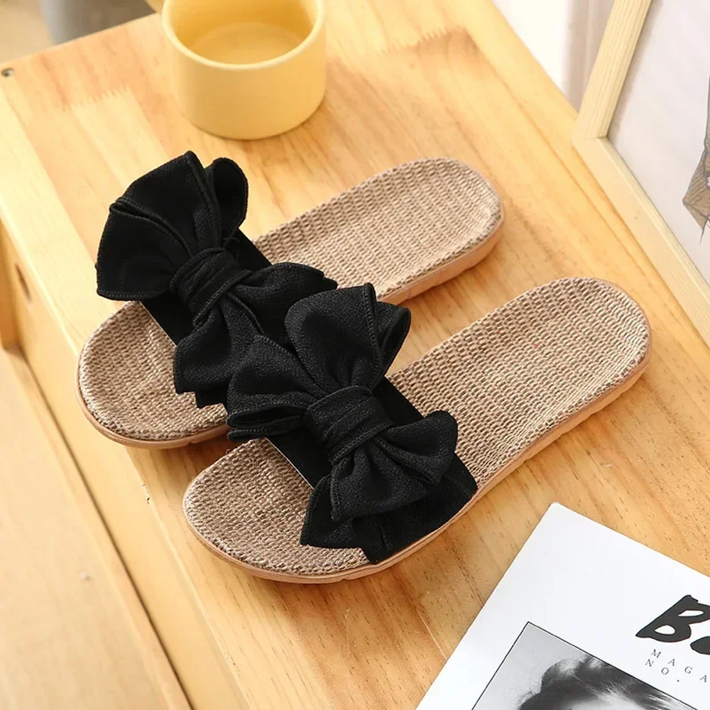 Ladies Indoor Shoes, Women Summer Casual Slides, Striped Bow Linen Flip Flops, Comfortable Flax Slippers
