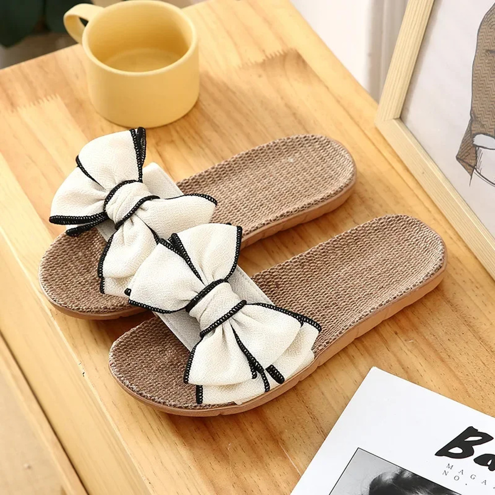 Ladies Indoor Shoes, Women Summer Casual Slides, Striped Bow Linen Flip Flops, Comfortable Flax Slippers