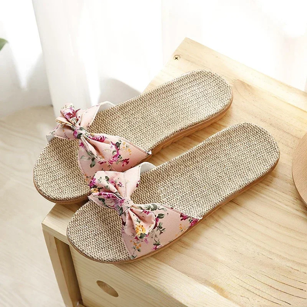 Ladies Indoor Shoes, Women Summer Casual Slides, Striped Bow Linen Flip Flops, Comfortable Flax Slippers