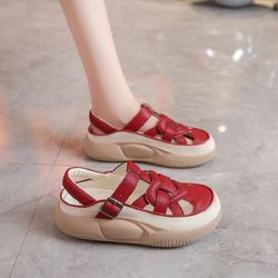red roman sandals for women, crisscross strap platform with metal buckles, stylish breathable summer vacation shoes