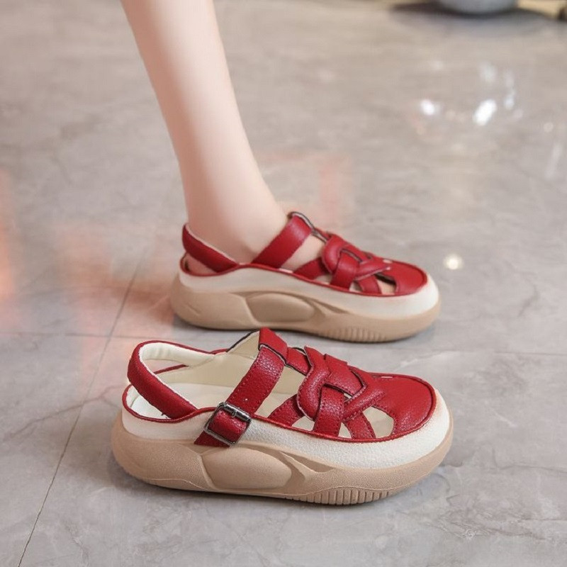 Red Roman Sandals for Women, Crisscross Strap Platform with Metal Buckles, Stylish Breathable Summer Vacation Shoes