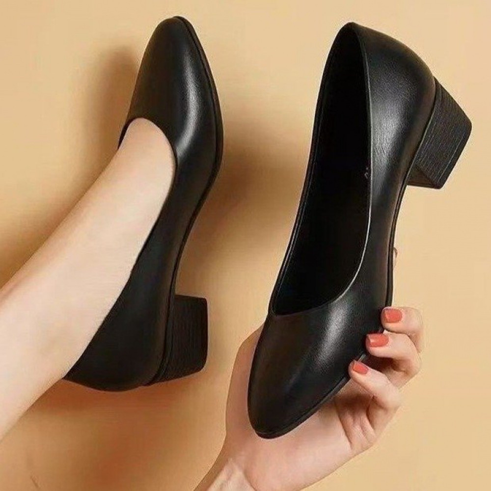 Womens Low-Heel Pumps, New Arrival Black Genuine Leather Formal Shoes, Slip-On Comfortable Mid-Heel for Work & Daily Use