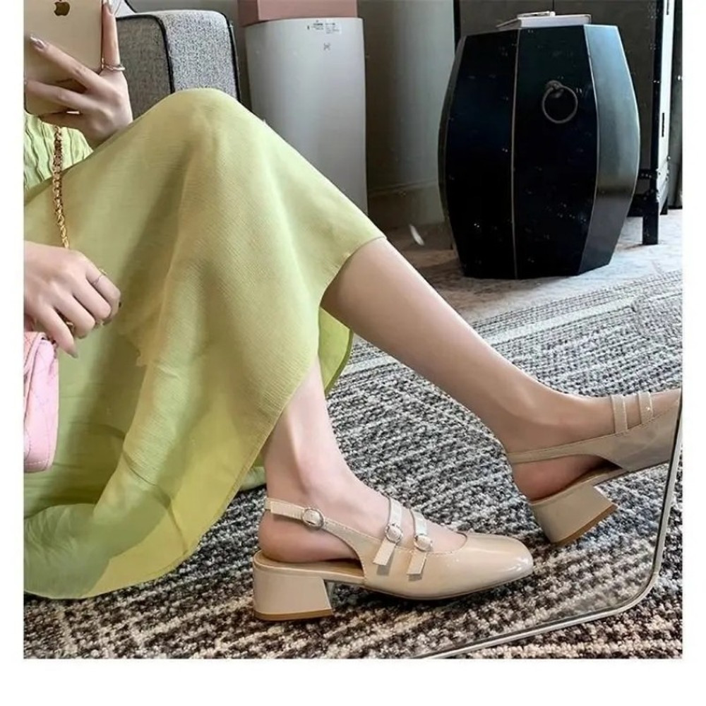 Womens Burgundy Mary Janes, Square-Toe Patent Leather Chunky Heel Double-Buckle Shoes with Vintage Jean Styling