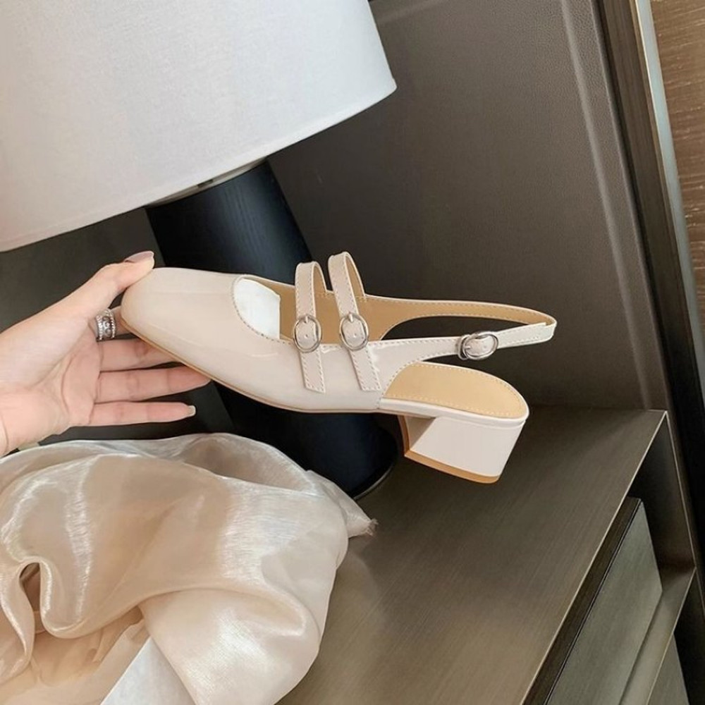 Womens Burgundy Mary Janes, Square-Toe Patent Leather Chunky Heel Double-Buckle Shoes with Vintage Jean Styling