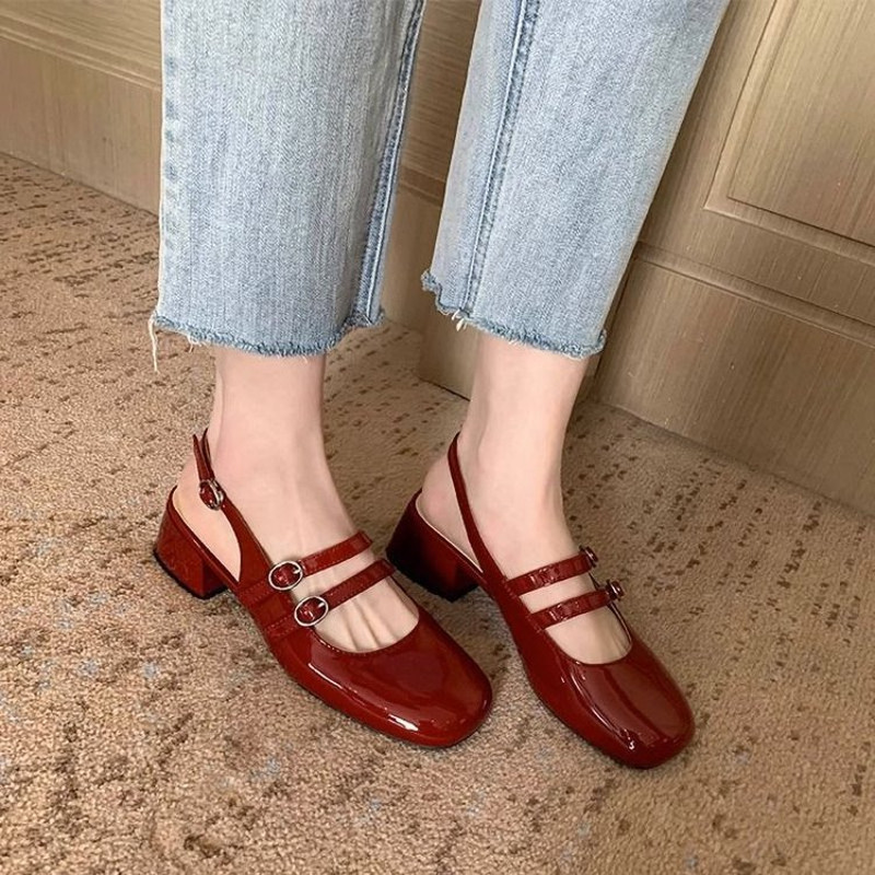 Womens Burgundy Mary Janes, Square-Toe Patent Leather Chunky Heel Double-Buckle Shoes with Vintage Jean Styling