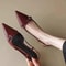French Pointed Sandals in Burgundy Patent with Crisscross Straps, Metal Decor Slim Heel, and Open-Back Fairy Style