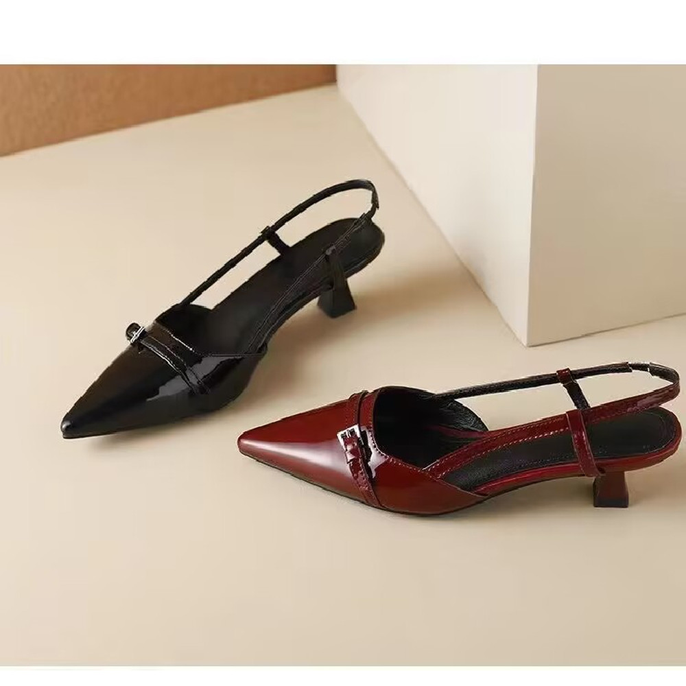 French Pointed Sandals in Burgundy Patent with Crisscross Straps, Metal Decor Slim Heel, and Open-Back Fairy Style