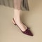 French Pointed Sandals in Burgundy Patent with Crisscross Straps, Metal Decor Slim Heel, and Open-Back Fairy Style