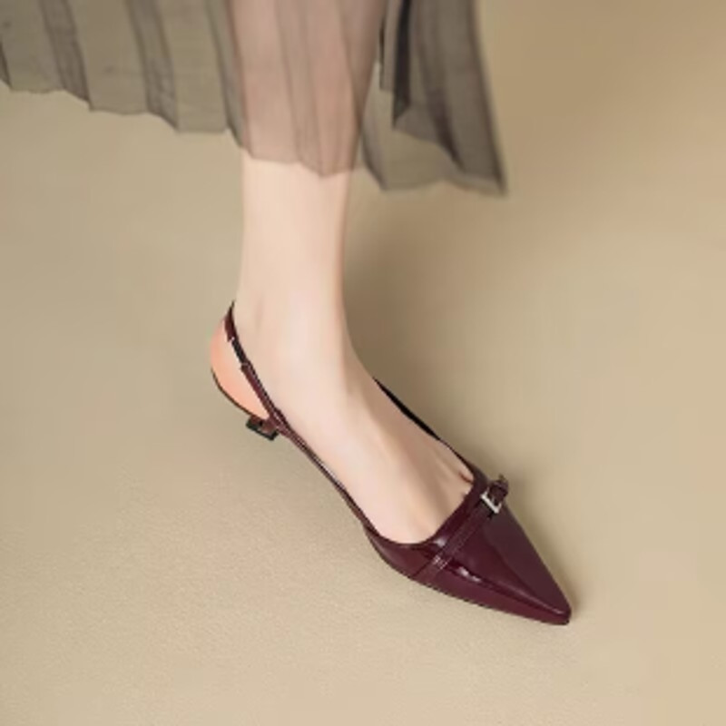 French Pointed Sandals in Burgundy Patent with Crisscross Straps, Metal Decor Slim Heel, and Open-Back Fairy Style