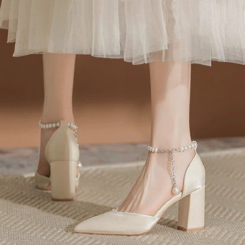 New Elegant Pearl-Embellished Satin Heels Chunky Low Heel Bridal Shoes with Adjustable Ankle Strap for Brides & Special