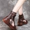 Retro Brown Chunky Wedge Peep-Toe Espadrille Sandals, New Bohemian Women's Leather Summer Shoes with Ankle Wrap