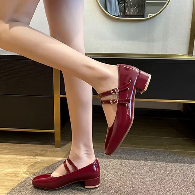 Vintage Burgundy Patent Leather Mary Jane Pumps for Women, Double Gold Buckle Low Block Heel Classic Dress Shoes