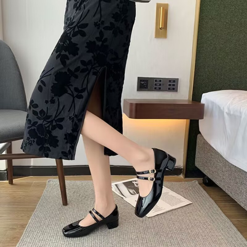 Vintage Burgundy Patent Leather Mary Jane Pumps for Women, Double Gold Buckle Low Block Heel Classic Dress Shoes