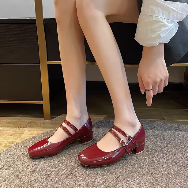 Vintage Burgundy Patent Leather Mary Jane Pumps for Women, Double Gold Buckle Low Block Heel Classic Dress Shoes