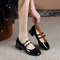 Vintage Burgundy Patent Leather Mary Jane Pumps for Women, Double Gold Buckle Low Block Heel Classic Dress Shoes