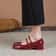 Vintage Burgundy Patent Leather Mary Jane Pumps for Women, Double Gold Buckle Low Block Heel Classic Dress Shoes