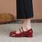 Vintage Burgundy Patent Leather Mary Jane Pumps for Women, Double Gold Buckle Low Block Heel Classic Dress Shoes
