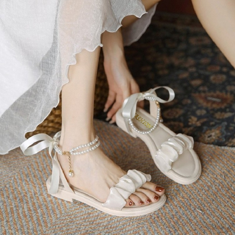 Fairy Style Gentle Beaded Ribbon Sandals, New Fashion Comfortable Small Skirt Party, Banquet & Walking Shoes for Women