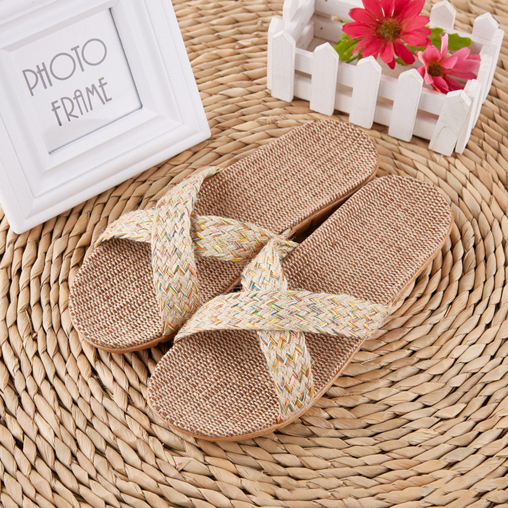 Breathable Women Indoor Slippers Home Flax Slides Summer Flat Shoes House Floor Slippers Lightweigh 13