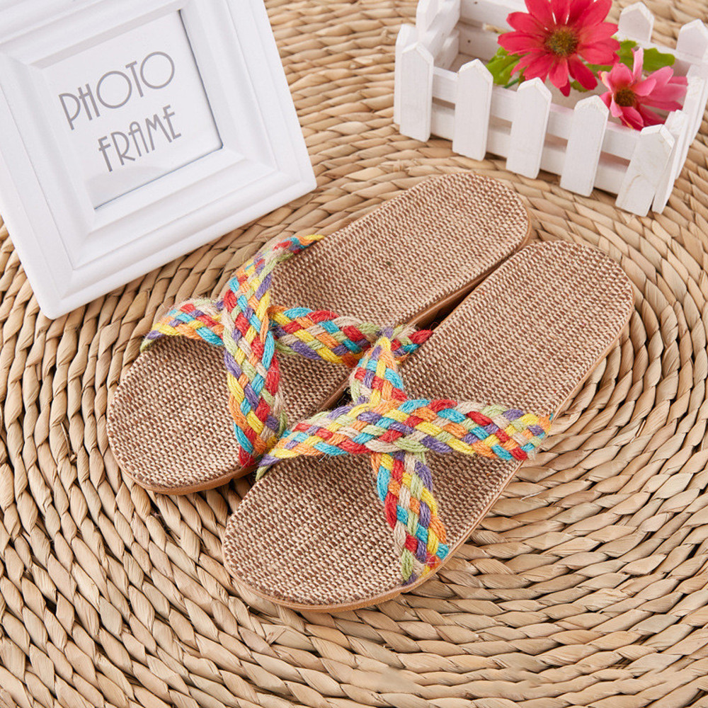 Breathable Women Indoor Slippers Home Flax Slides Summer Flat Shoes House Floor Slippers Lightweigh 14