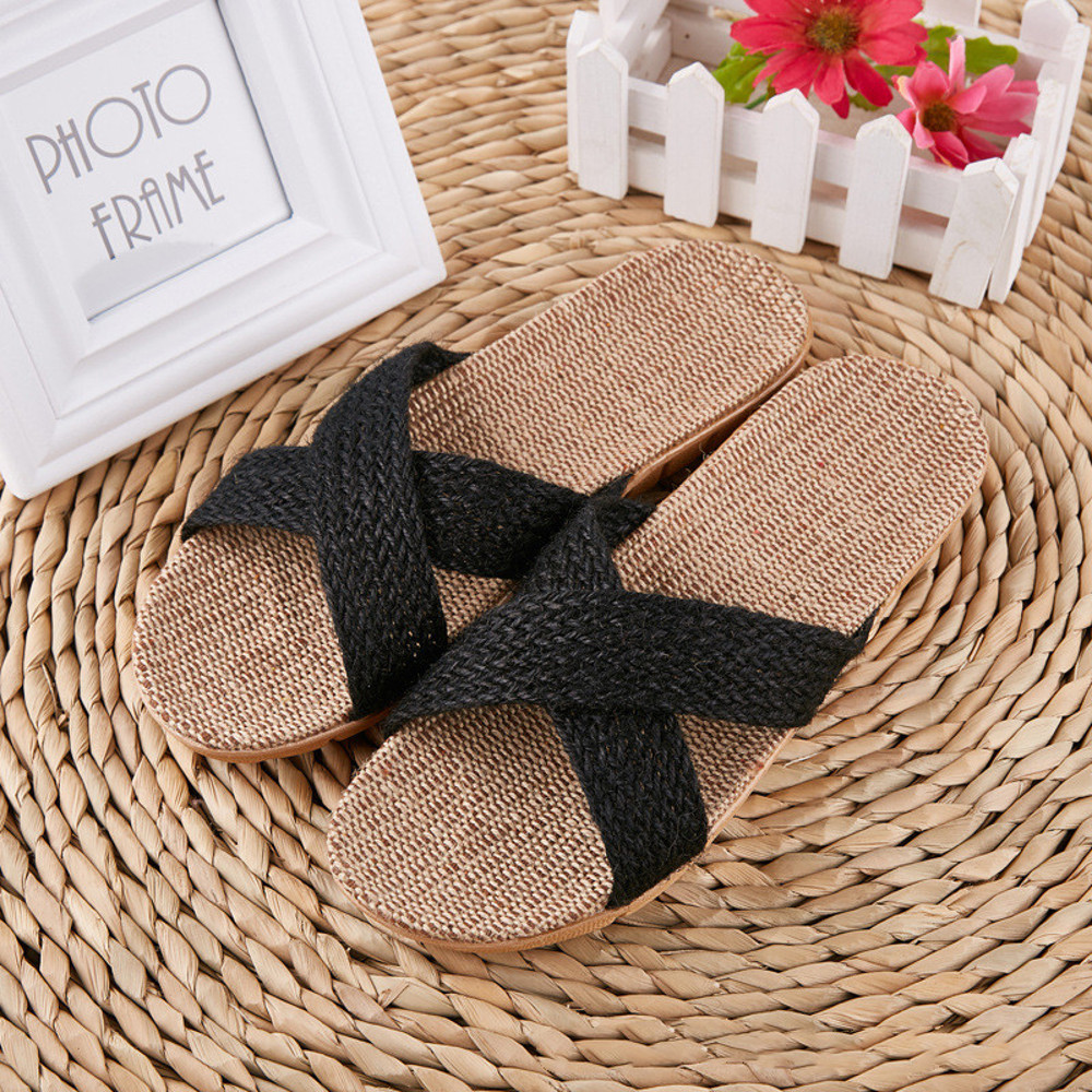 Breathable Women Indoor Slippers Home Flax Slides Summer Flat Shoes House Floor Slippers Lightweigh 15