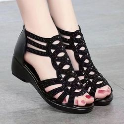 womens soft leather roman sandals summer, soft sole outwear wedge shoes, casual fashion designer sandals for ladies