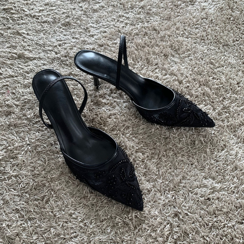 Elegant Pointed Slingback Women Sandals Luxury Brand High Heels Mesh Embroider Party Wedding Bridal 0