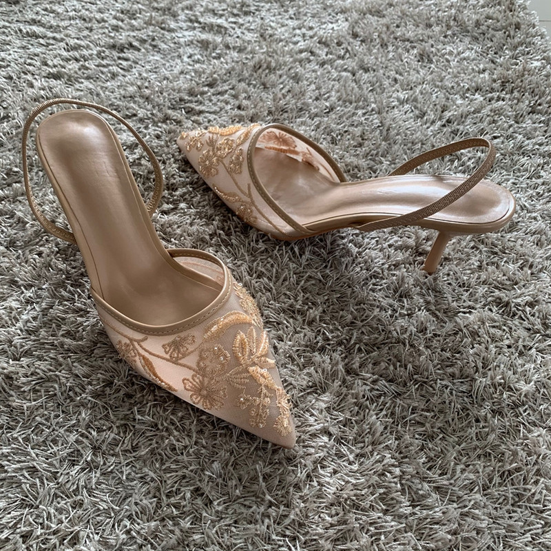 Womens Mesh Embroidered Fashion Sandals with String Bead High Heels Mules Pointed Toe Slingback Slippers