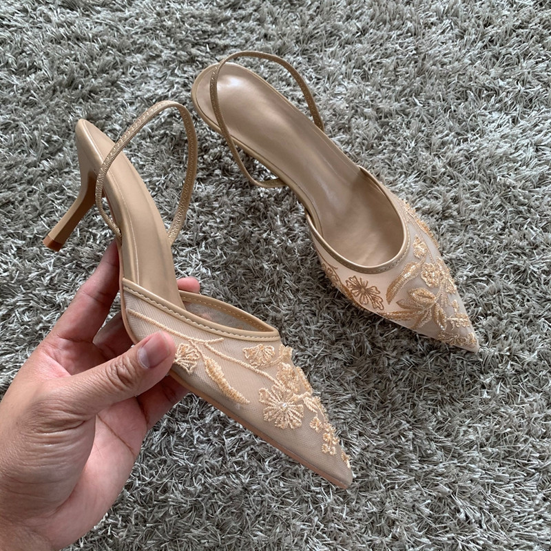 Womens Mesh Embroidered Fashion Sandals with String Bead High Heels Mules Pointed Toe Slingback Slippers