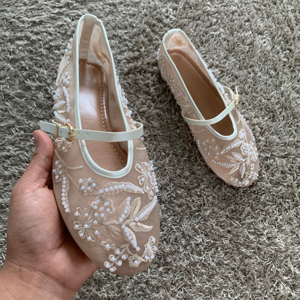 Women Mesh Embroidery Ballet Flats With String Beads Buckle Strap Mary Jane Shoes Breathable Comfor 3