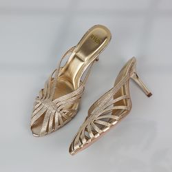 luxury new gold hollow thin strip heels women pointed toe mules office lady pumps summer stiletto sandals elegant party