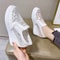 Women Wedge Platform Sneakers White Creepers Rubber Leather Lace Up Pointed Toe High Heel Height In 4