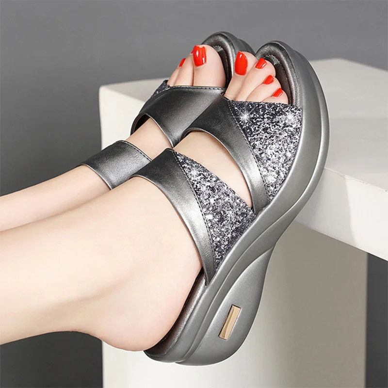 Ladies Glitter PU Wedges Shoes New Women Summer Slippers Comfortable Platform Casual Slingbacks Sandals Stylish Footwear