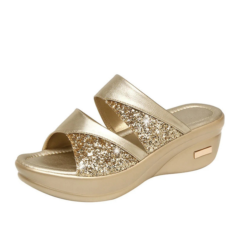 Ladies Glitter PU Wedges Shoes New Women Summer Slippers Comfortable Platform Casual Slingbacks Sandals Stylish Footwear
