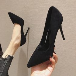 elegant new fashion womens shoes, sexy black high heels, sharp pointed suede pumps, shallow mouth party shoes