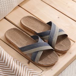 mens summer linen slides, flax slippers, non-slip casual home flip flops, indoor male sandals, multi-style pantoufle