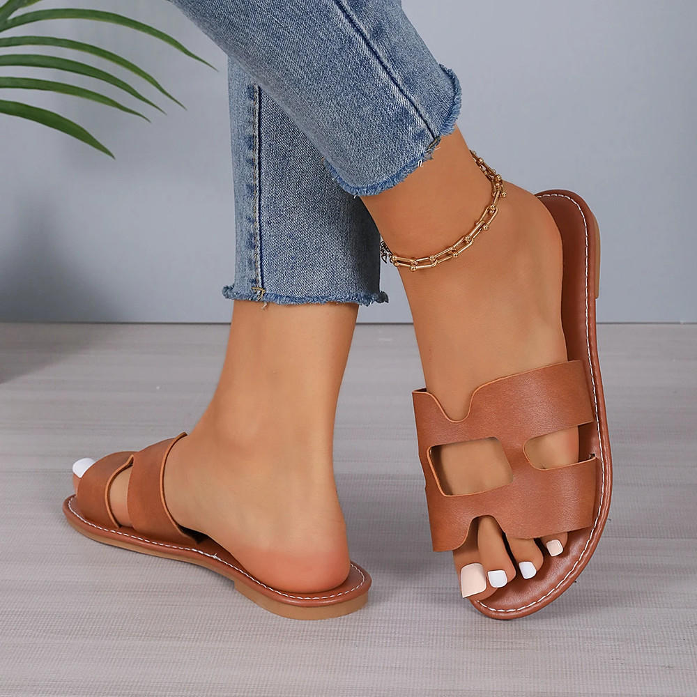 Comfortable Brown Leather Womens Slippers Round Headed Flat Casual Sandals With Exposed Heels Coupl 3