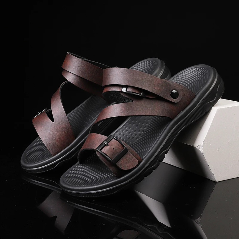Mens Summer Sandals Outdoor Casual Sport Slippers, PU Leather Roman Flip-Flops, Non-Slip Breathable Garden Shoes