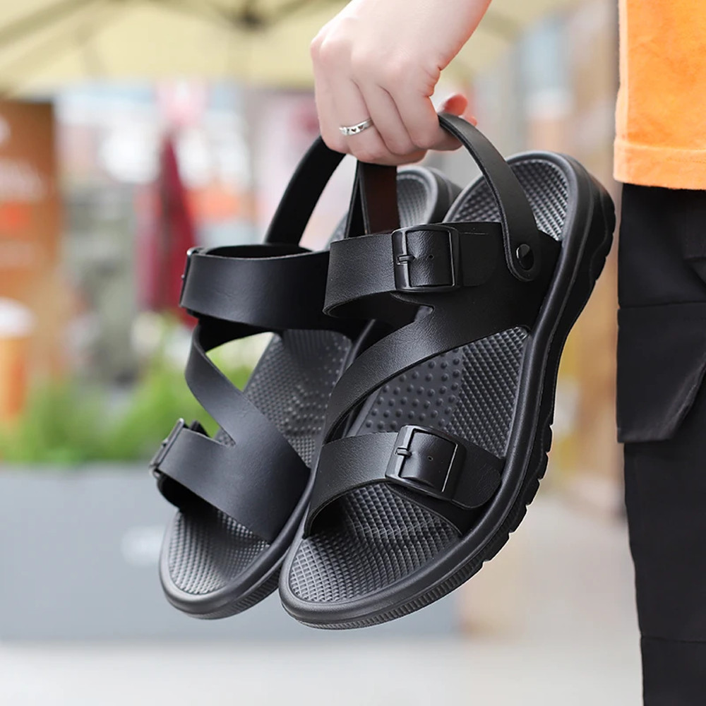 Mens Summer Sandals Outdoor Casual Sport Slippers, PU Leather Roman Flip-Flops, Non-Slip Breathable Garden Shoes