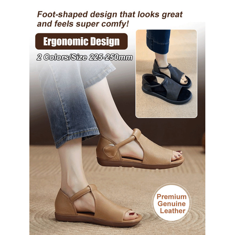 Handmade Retro Cowhide Flat Sandals Rome Style Womens Casual Shoes Fish Mouth Leather Sandals With 3