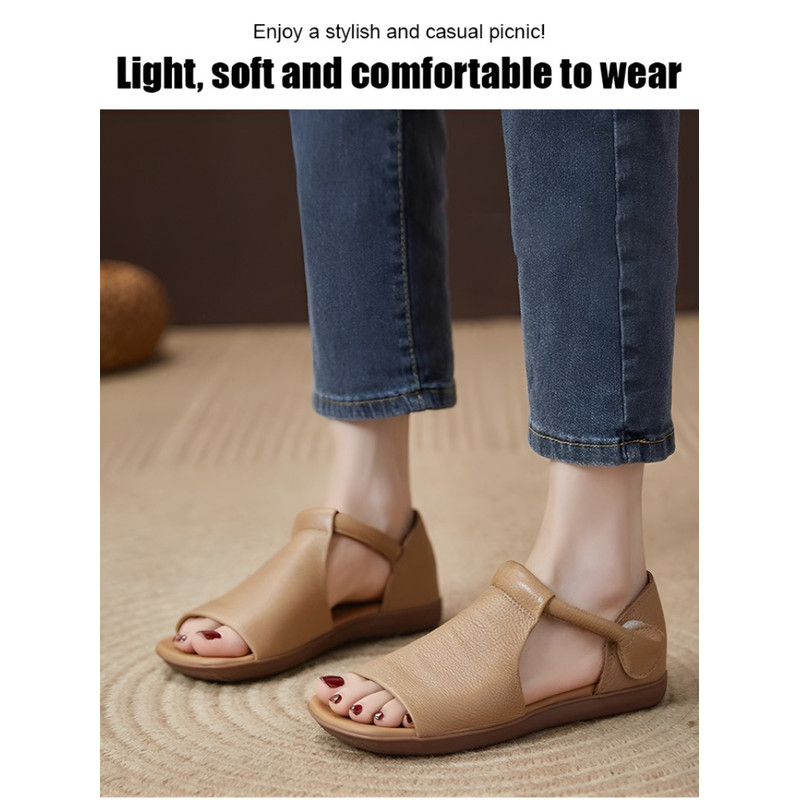 Handmade Retro Cowhide Flat Sandals Rome Style Womens Casual Shoes Fish Mouth Leather Sandals With 5