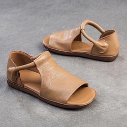 handmade retro cowhide flat sandals, rome style womens casual shoes, fish mouth leather sandals with elastic straps