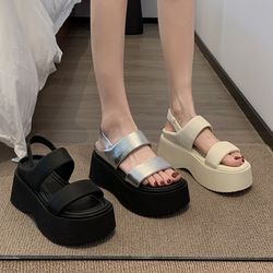 womens summer chunky sandals, wedge heel slides, leather thick bottom casual flip flops, beach platform shoes