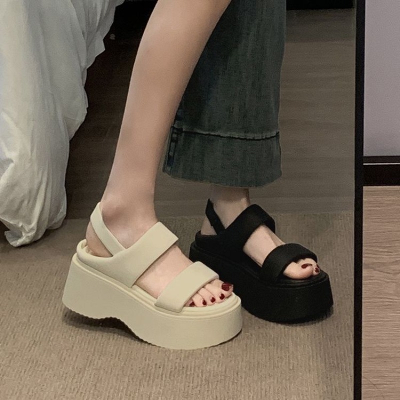 Womens Summer Chunky Sandals, Wedge Heel Slides, Leather Thick Bottom Casual Flip Flops, Beach Platform Shoes