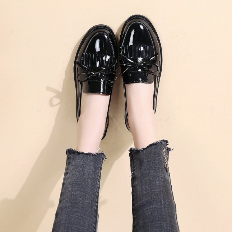 Patent Leather Womens Loafers Stylish Tassel Flats Comfortable Bowknot Small Leather Shoes Casual B 1
