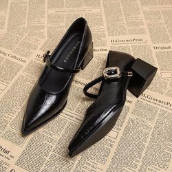 womens spring style pointed toe square heel single shoes, professional medium heel buckle dress high heels, versatile